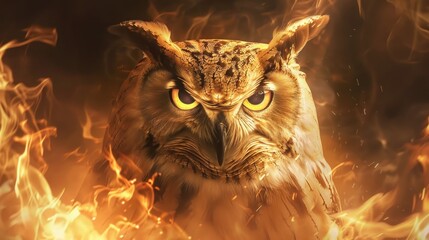 Naklejka premium Owl character with golden shining light fire serious gaze Background wallpaper AI generated image