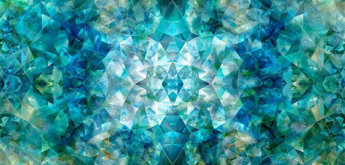 A mesmerizing geometric pattern of interlocking triangles in shades of blue and green, resembling a kaleidoscope.