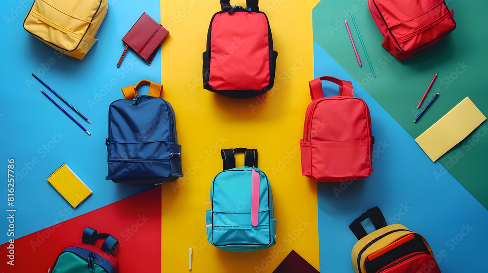 Poster Different school backpacks with stationery on colorful background top view : Generative AI
