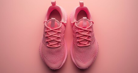 A pair of modern sport shoes on a pink background is shown from the top