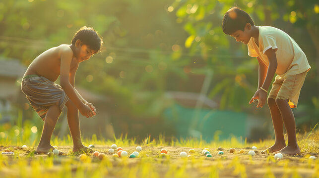 Indian village kids playing goli or marbles on near paddy field  concept of traditional game summer holidays and leisure activities : Generative AI