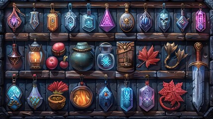 This is a fantasy icon set featuring a magic dungeon dragon, a medieval warrior avatar, a potion cauldron and a potions hat. This icon set is developed to represent different aspects of fantasy