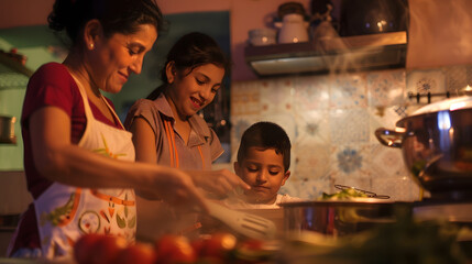 latin family cooking together with children daughter and son in kitchen at home in Mexico Latin America hispanic people : Generative AI