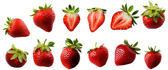 Strawberry Strawberries, many angles and view side top front sliced halved group cut isolated on transparent background cutout, PNG file. Mockup template for artwork graphic design