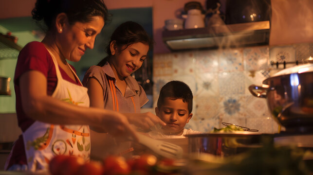latin family cooking together with children daughter and son in kitchen at home in Mexico Latin America hispanic people : Generative AI