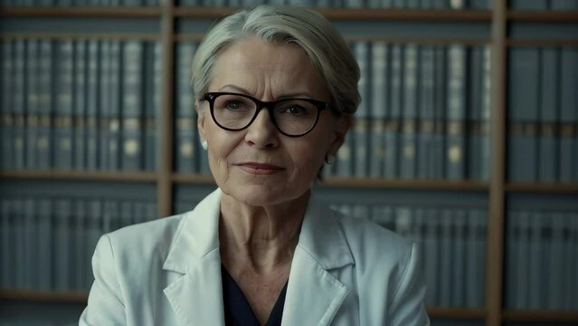 Sweet confident age woman therapist dressed white coat arms pockets