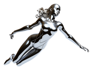 Y2K futuristic chrome woman flying isolated. Melty gloss silver metal mannequin
