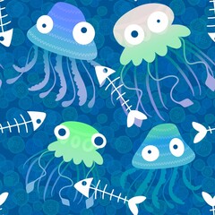Cartoon sea animals seamless jellyfish pattern for summer print and fabrics