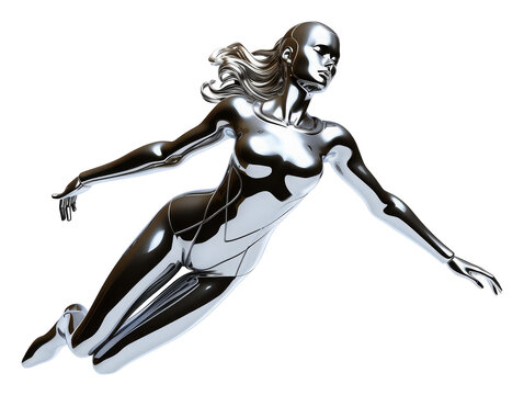 Y2K futuristic chrome woman flying isolated. Melty gloss silver metal mannequin
