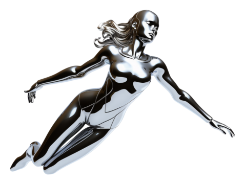 Y2K futuristic chrome woman flying isolated. Melty gloss silver metal mannequin
