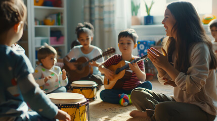 Kindergarten teacher with children sitting on the floor having music class using various instruments and percussion Early music education : Generative AI