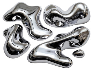 Y2K Melty chrome shapes isolated. Spilled liquid metal drops. Futuristic metallic puddles
