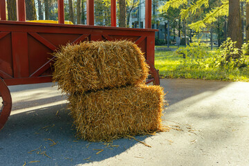 a pair of haystacks on the background of a wooden cart