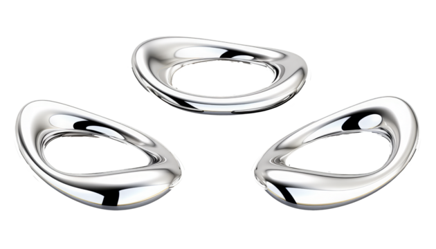 Abstract chrome metal ring isolated. Futuristic silver ring. Wavy liquid metal shape rotating around empty space
