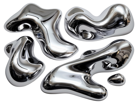 Y2K Melty chrome shapes isolated. Spilled liquid metal drops. Futuristic metallic puddles

