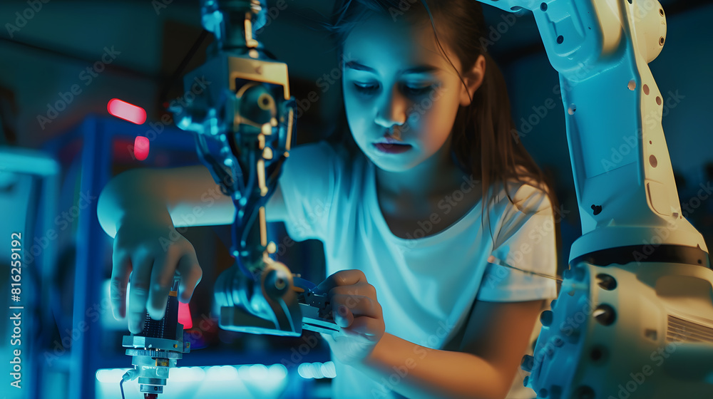 Poster Kid female teen child enjoy Machine Learning Robot arm is Moving Under Control robot at technology class stem education robot arms for digital automation software for artificial intell : Generative AI