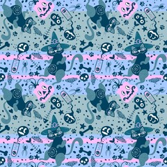 Halloween animals seamless cats and pumpkins pattern for wrapping paper