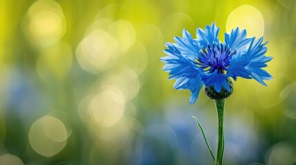 Close up of a blue cornflower against a blurred green backdrop