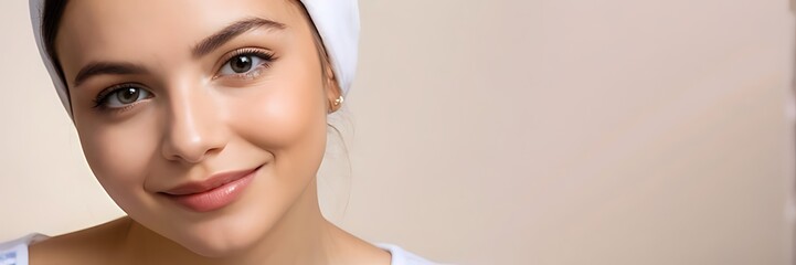 Fototapeta premium Crop Close-up Portrait of Young Happy Millennial Woman with Healthy Face Skin with copy space