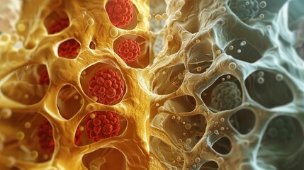 A conceptual image showing the comparison between healthy and diseased bone marrow, with sidebyside depictions to illustrate differences in cell density and color, Close up