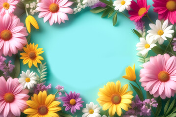 Frame of spring flowers. In the middle there is a place for an inscription