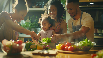 Happy young diverse parents have fun teach little biracial daughter cooking overjoyed multiracial family with small girl child preparing food making healthy salad for breakfast in kitc : Generative AI - Powered by Adobe