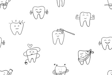 Seamless pattern of oral hygiene theme elements in doodle style. Stomatology, toothpaste, dental floss, dental care, teeth health, toothbrush, braces. Healthcare and medicine. Vector illustrations
