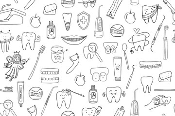 Seamless pattern of oral hygiene theme elements in doodle style. Stomatology, toothpaste, dental floss, irrigator, dental care, teeth health, toothbrush, braces. Healthcare and medicine