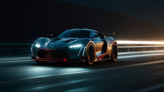 Futuristic Sports Car On Highway. Powerful acceleration of a supercar on a night track with lights and trails