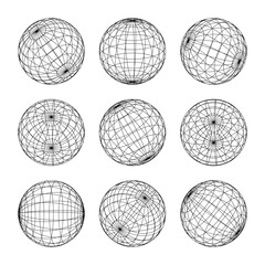 Wireframe shapes, lined sphere. Perspective mesh, 3d grid. Low poly geometric elements. Retro futuristic design elements, y2k, vaporwave and synthwave style. Vector illustration