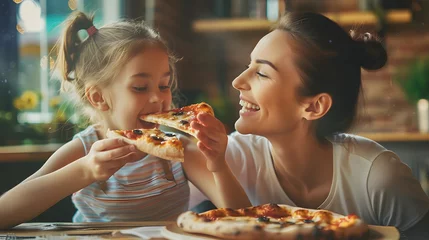 Fotobehang Happy mother and daughter eat pizza in a cafe and having fun : Generative AI © Generative AI