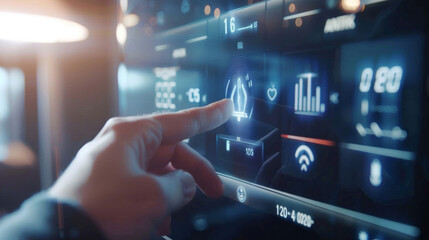 A finger hovering over the smart button on a digital thermostat indicating advanced features and capabilities.