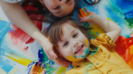 Happy mom and her child lie in a circle playing with finger paint  Games with children with paintEarly  developmentSpend  time with  kids : Generative AI