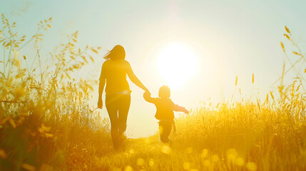 unrecognizable child and woman mother and son run across a yellow meadow towards the sun Happy childhood have fun on the walk Forward to a bright future back view Backlight and soft fo : Generative AI