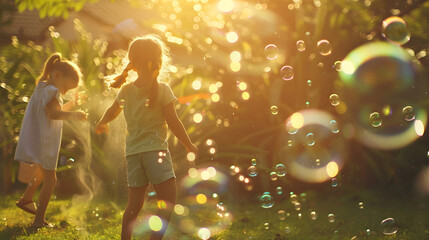 Boy girl and playing with bubbles outdoor in garden backyard or park with happiness family or siblings Children soap bubble game and playful in childhood youth and summer sunshine on h : Generative AI - Powered by Adobe