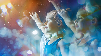 Future famous champions Childhood and dream concept Conceptual image with boy and girls dreaming about big future in sport ballet and gymnastic Creative collage made of photos of 3 kid : Generative AI