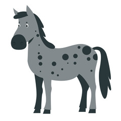 Cute gray horse vector illustration, isolated on white background. Donkey in flat style, rural farming, can be used for kids cards or posters.
