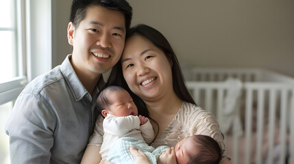 Obraz premium Smiling mother and father holding newborn son at home : Generative AI