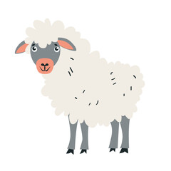 Cute vector sheep, in flat style, isolated on white background. Cartoon drawing of a sheep. Design for baby, children's poster, children's wall mural, card, invitation.
