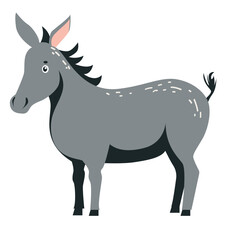 Cute donkey vector illustration, isolated on white background. Donkey in flat style, rural farming, can be used for kids cards or posters.