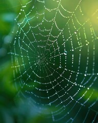 Fototapeta premium A delicate and intricate spider web is adorned with morning dew, glistening like diamonds in the sunlight
