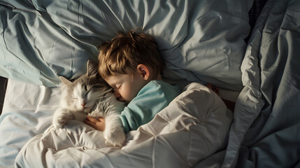 Fototapeta premium boy falls asleep and hugs his cat who sleeps with him under the covers children and pets the cat sleeps with the baby the child is getting ready for bed : Generative AI