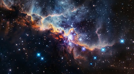 Vivid nebula and star formation in deep space, featuring gas clouds and intense light. High-resolution space photography