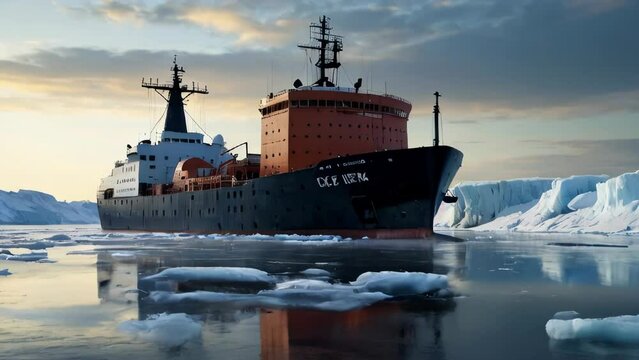 Icebreaker ship on the ice in the sea