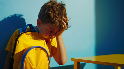 preschooler boy is crying sitting on school desk angry unhappy sad upset kid dont want to go back to school refusetears on cheeks one hand cover eyebackpack on tableeducation first day : Generative AI