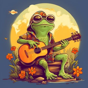 a frog playing guitar and wearing sunglasses sits in front of a full moon