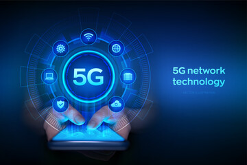 5G network wireless systems. IOT Smart city communication network. 5G wireless mobile internet wifi connection concept. Smartphone in hands. Using smartphone. Vector illustration.