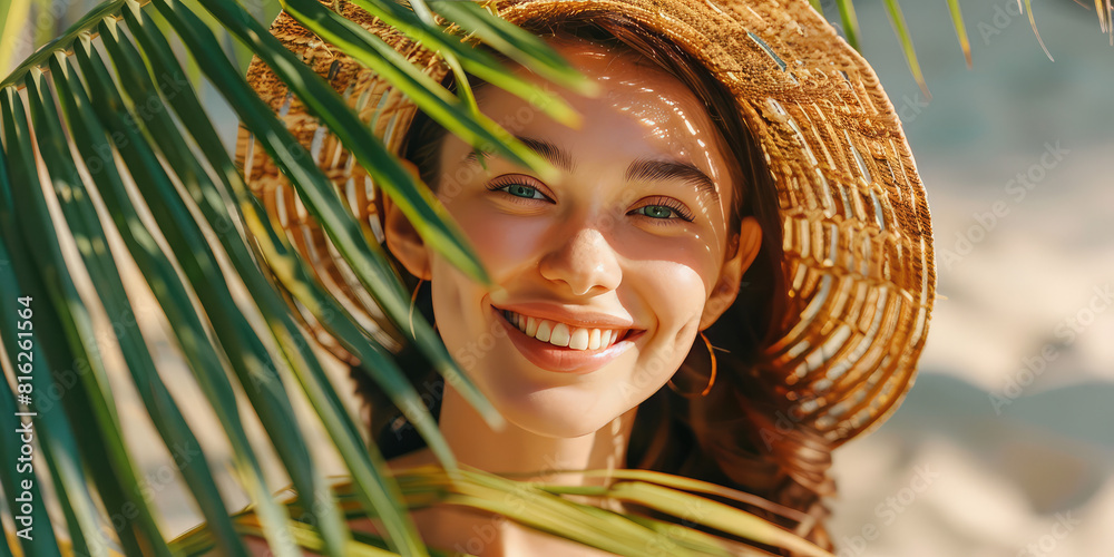 Wall mural Beautiful smiling young woman on the beach in summer holding a palm leaf. - Wall murals