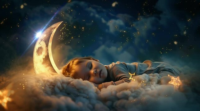 a little child who sleeps soundly on a cloud and has a very beautiful dream. seamless looping time-lapse virtual 4K video Animation Background.