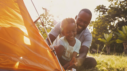 Happy african american son and father pitching tent together in sunny garden summer childhood fatherhood free time camping togetherness and outdoor activities unaltered : Generative AI